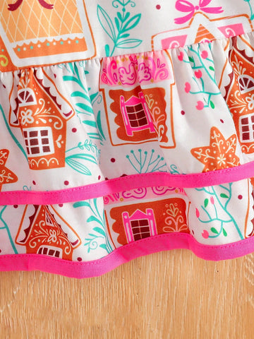 Young Girl Christmas Gingerbread & Snowy House Sweet Print Dress