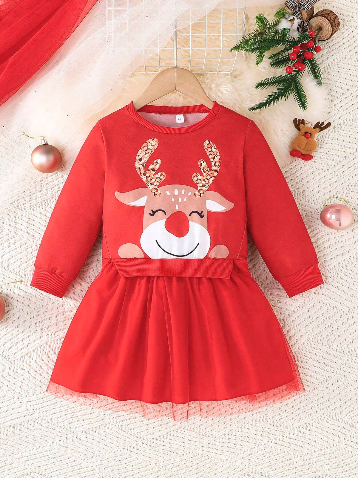 Young Girl Christmas Giraffe Print Long Sleeve Top And Layered Tulle Dress Set, Autumn
