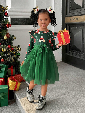 Young Girl Christmas Knit Round Neck Long Sleeve Contrast Mesh Midi Dress
