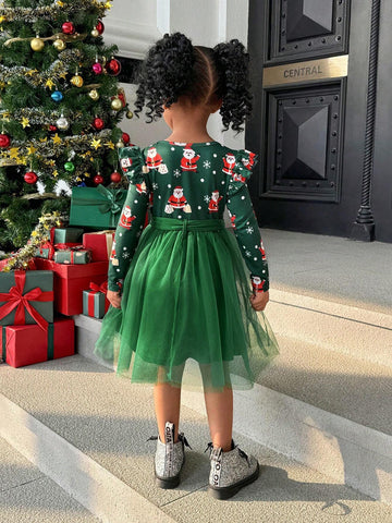 Young Girl Christmas Knit Round Neck Long Sleeve Contrast Mesh Midi Dress