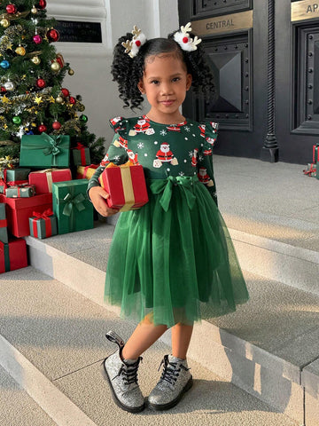 Young Girl Christmas Knit Round Neck Long Sleeve Contrast Mesh Midi Dress
