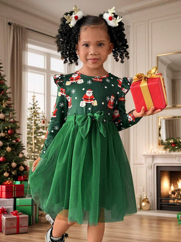 Young Girl Christmas Knit Round Neck Long Sleeve Contrast Mesh Midi Dress