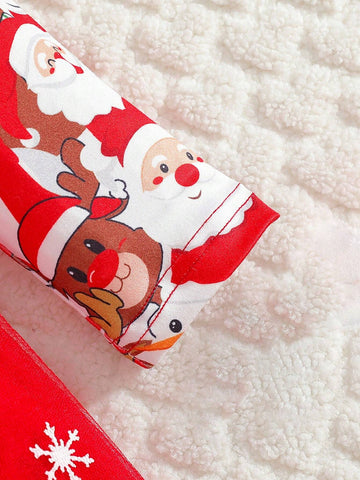 Young Girl Christmas Limited Edition Cute Santa Claus & Snowman Print Round Neck Long Sleeve Bow Decor Snow Flakes Tulle Puff Dress