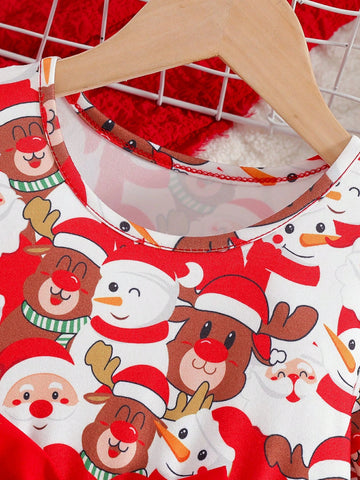 Young Girl Christmas Limited Edition Cute Santa Claus & Snowman Print Round Neck Long Sleeve Bow Decor Snow Flakes Tulle Puff Dress