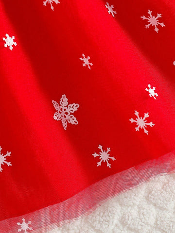 Young Girl Christmas Limited Edition Cute Santa Claus & Snowman Print Round Neck Long Sleeve Bow Decor Snow Flakes Tulle Puff Dress