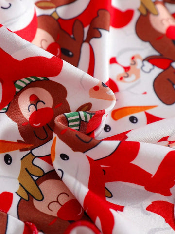 Young Girl Christmas Limited Edition Cute Santa Claus & Snowman Print Round Neck Long Sleeve Bow Decor Snow Flakes Tulle Puff Dress