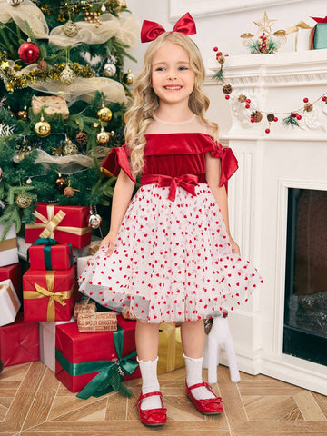 Young Girl Christmas Open Shoulder Flocked & Mesh Patchwork Swing Dress