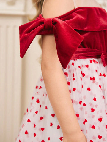 Young Girl Christmas Open Shoulder Flocked & Mesh Patchwork Swing Dress