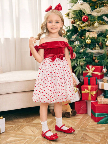 Young Girl Christmas Open Shoulder Flocked & Mesh Patchwork Swing Dress