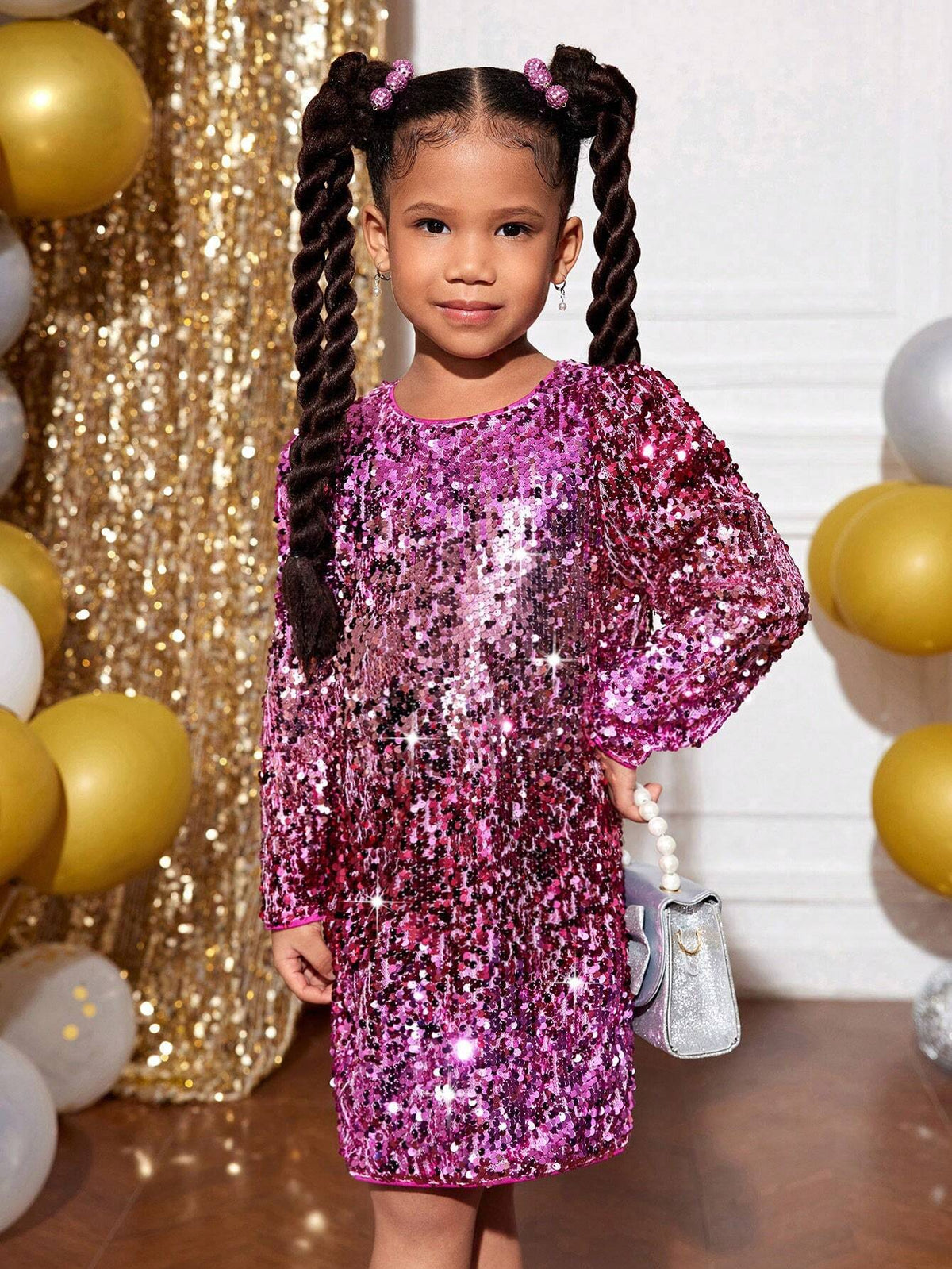 Young Girl Christmas Party Sequin Embroidered Long Sleeve Dress