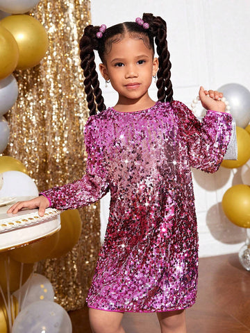 Young Girl Christmas Party Sequin Embroidered Long Sleeve Dress