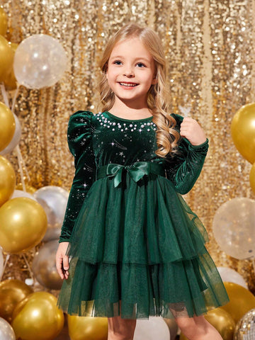 Young Girl Christmas Party Velvet Splicing Mesh Round Neck Long Sleeve Dress
