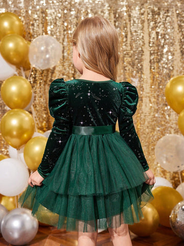 Young Girl Christmas Party Velvet Splicing Mesh Round Neck Long Sleeve Dress