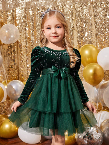 Young Girl Christmas Party Velvet Splicing Mesh Round Neck Long Sleeve Dress
