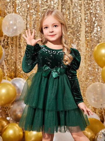 Young Girl Christmas Party Velvet Splicing Mesh Round Neck Long Sleeve Dress