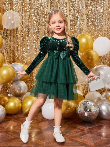 Young Girl Christmas Party Velvet Splicing Mesh Round Neck Long Sleeve Dress