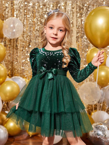 Young Girl Christmas Party Velvet Splicing Mesh Round Neck Long Sleeve Dress