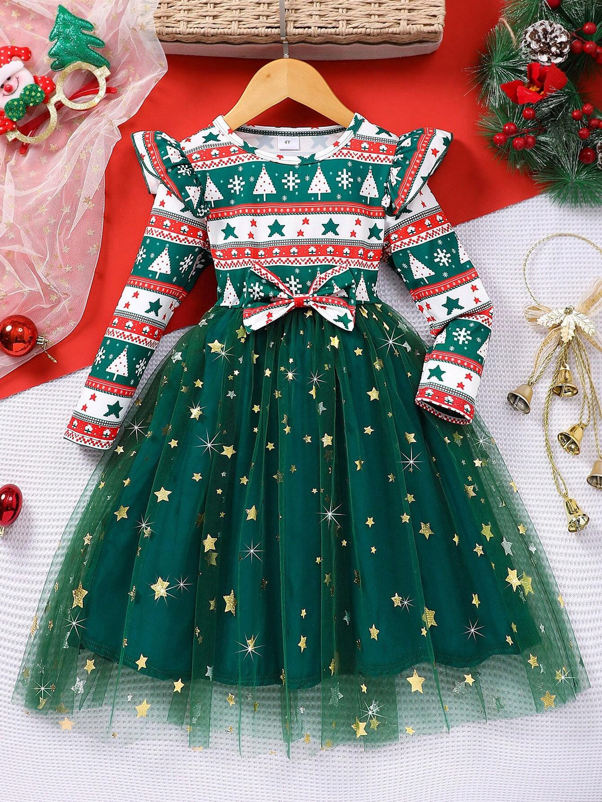 Young Girl Christmas Print Bow Accent Mesh Cute Dress, Long Sleeve