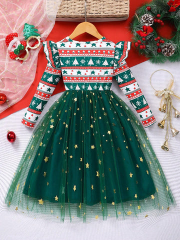 Young Girl Christmas Print Bow Accent Mesh Cute Dress, Long Sleeve