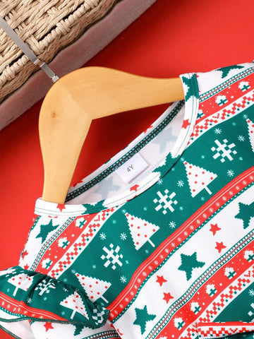 Young Girl Christmas Print Bow Accent Mesh Cute Dress, Long Sleeve