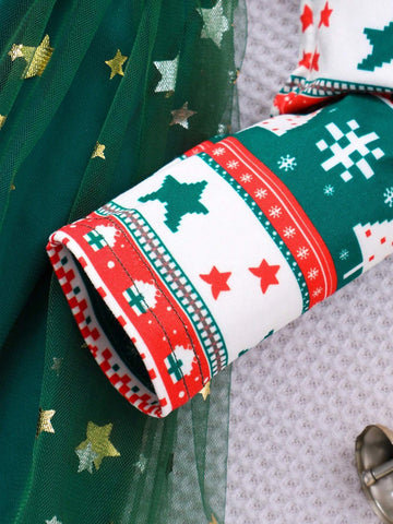 Young Girl Christmas Print Bow Accent Mesh Cute Dress, Long Sleeve