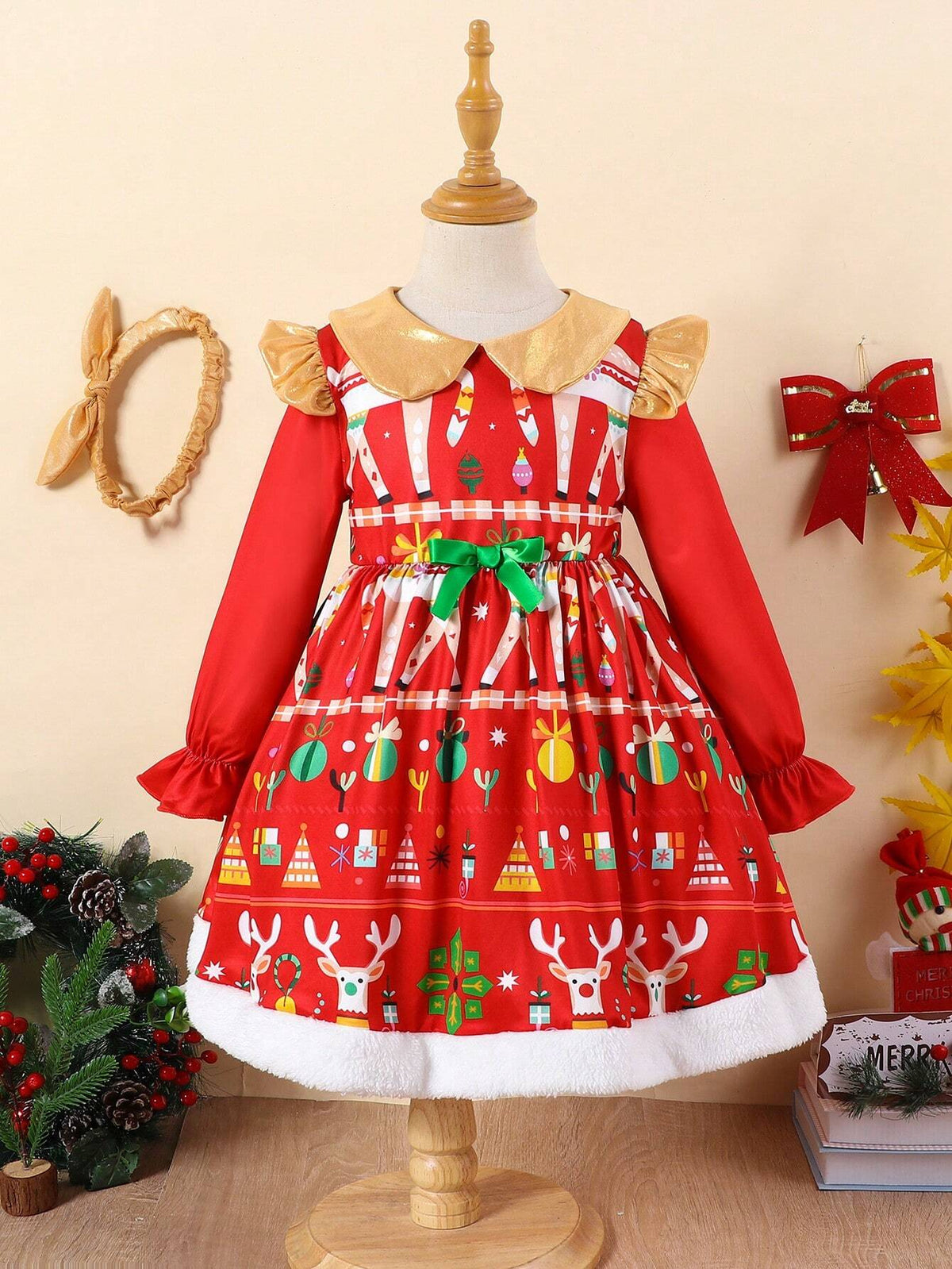 Young Girl Christmas Print Casual Long Sleeve Collared Dress