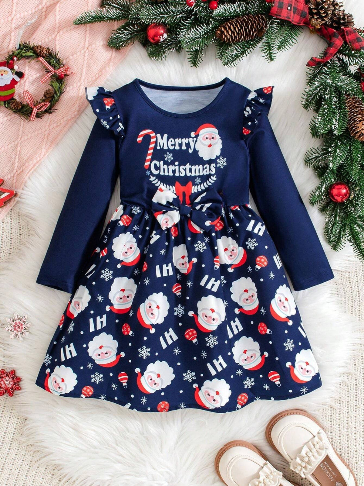 Young Girl Christmas Print Navy Blue "Merry Christmas" Letter Casual Fashionable Cute Versatile Dress