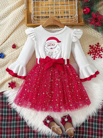 Young Girl Christmas Santa Claus Print Round Neck Cap Sleeve Top & Mesh Tulle Ruffle Hem Dress Set