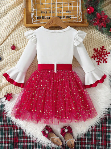Young Girl Christmas Santa Claus Print Round Neck Cap Sleeve Top & Mesh Tulle Ruffle Hem Dress Set