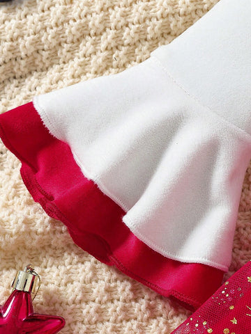 Young Girl Christmas Santa Claus Print Round Neck Cap Sleeve Top & Mesh Tulle Ruffle Hem Dress Set