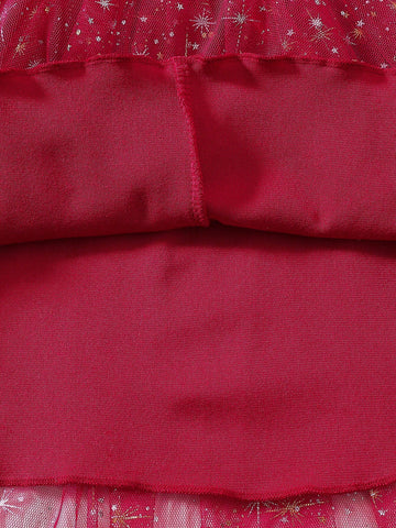 Young Girl Christmas Santa Claus Print Round Neck Cap Sleeve Top & Mesh Tulle Ruffle Hem Dress Set