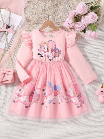 Young Girl Christmas Santa Dress With Cute Unicorn & Heart Print Cap Sleeve Mesh Dress, Suitable For Casual Outing, Holiday, Party, Spring & Autumn