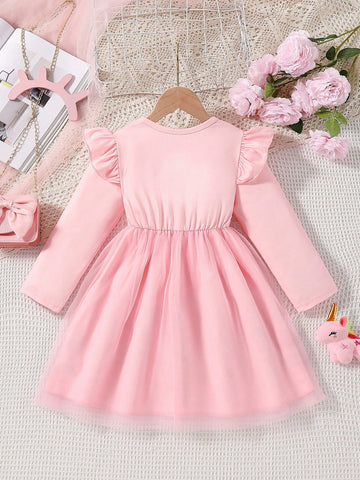 Young Girl Christmas Santa Dress With Cute Unicorn & Heart Print Cap Sleeve Mesh Dress, Suitable For Casual Outing, Holiday, Party, Spring & Autumn