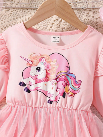 Young Girl Christmas Santa Dress With Cute Unicorn & Heart Print Cap Sleeve Mesh Dress, Suitable For Casual Outing, Holiday, Party, Spring & Autumn