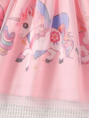 Young Girl Christmas Santa Dress With Cute Unicorn & Heart Print Cap Sleeve Mesh Dress, Suitable For Casual Outing, Holiday, Party, Spring & Autumn