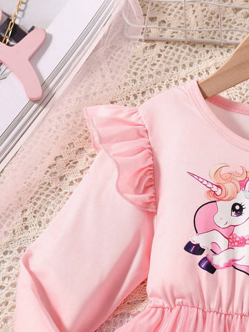 Young Girl Christmas Santa Dress With Cute Unicorn & Heart Print Cap Sleeve Mesh Dress, Suitable For Casual Outing, Holiday, Party, Spring & Autumn