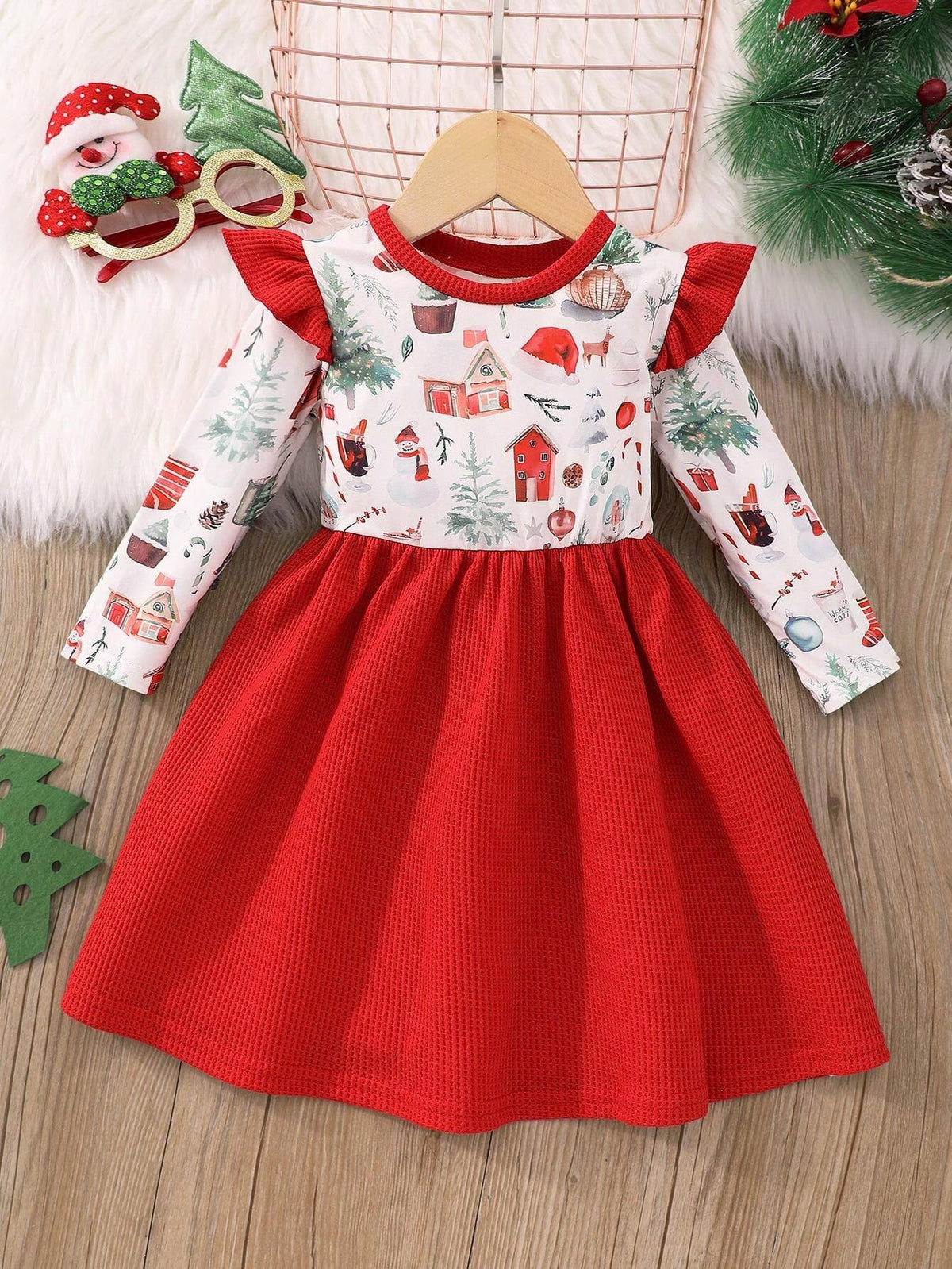 Young Girl Christmas Snowman Print Long Sleeve Dress