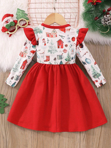 Young Girl Christmas Snowman Print Long Sleeve Dress