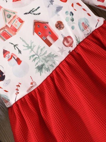Young Girl Christmas Snowman Print Long Sleeve Dress