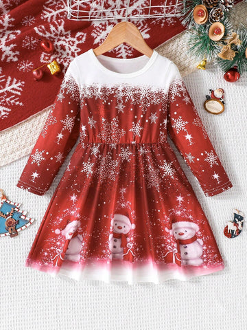 Young Girl Christmas Spring/Autumn Dress, Lovely Lively Burgundy Gradient Snowflake & Snowman Creative Christmas Element Long Sleeve Princess Dress