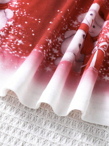 Young Girl Christmas Spring/Autumn Dress, Lovely Lively Burgundy Gradient Snowflake & Snowman Creative Christmas Element Long Sleeve Princess Dress