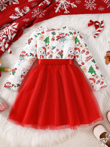 Young Girl' Christmas Street Fashion Round Neck Lantern Sleeve Waisted A-Line Christmas Element Mesh Dress With Matching Waistband, Autumn & Winter