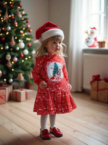 Young Girl Christmas Theme Printed Hooded Pleated Long Sleeve Dress