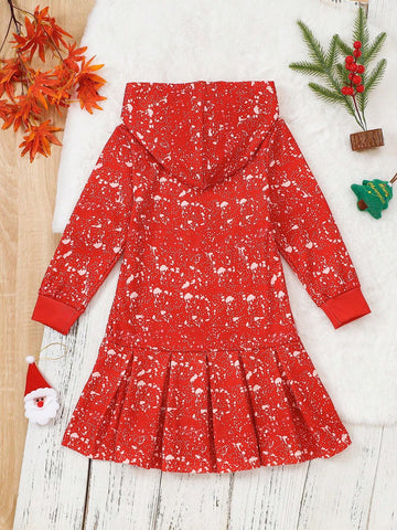 Young Girl Christmas Theme Printed Hooded Pleated Long Sleeve Dress