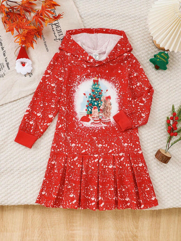 Young Girl Christmas Theme Printed Hooded Pleated Long Sleeve Dress