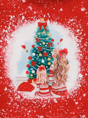 Young Girl Christmas Theme Printed Hooded Pleated Long Sleeve Dress