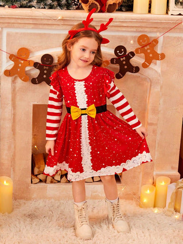 Young Girl Christmas Themed Party Dress With Bow Decor