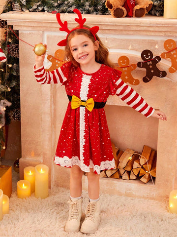 Young Girl Christmas Themed Party Dress With Bow Decor