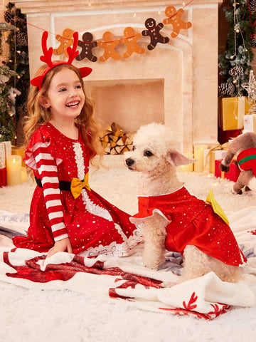 Young Girl Christmas Themed Party Dress With Bow Decor