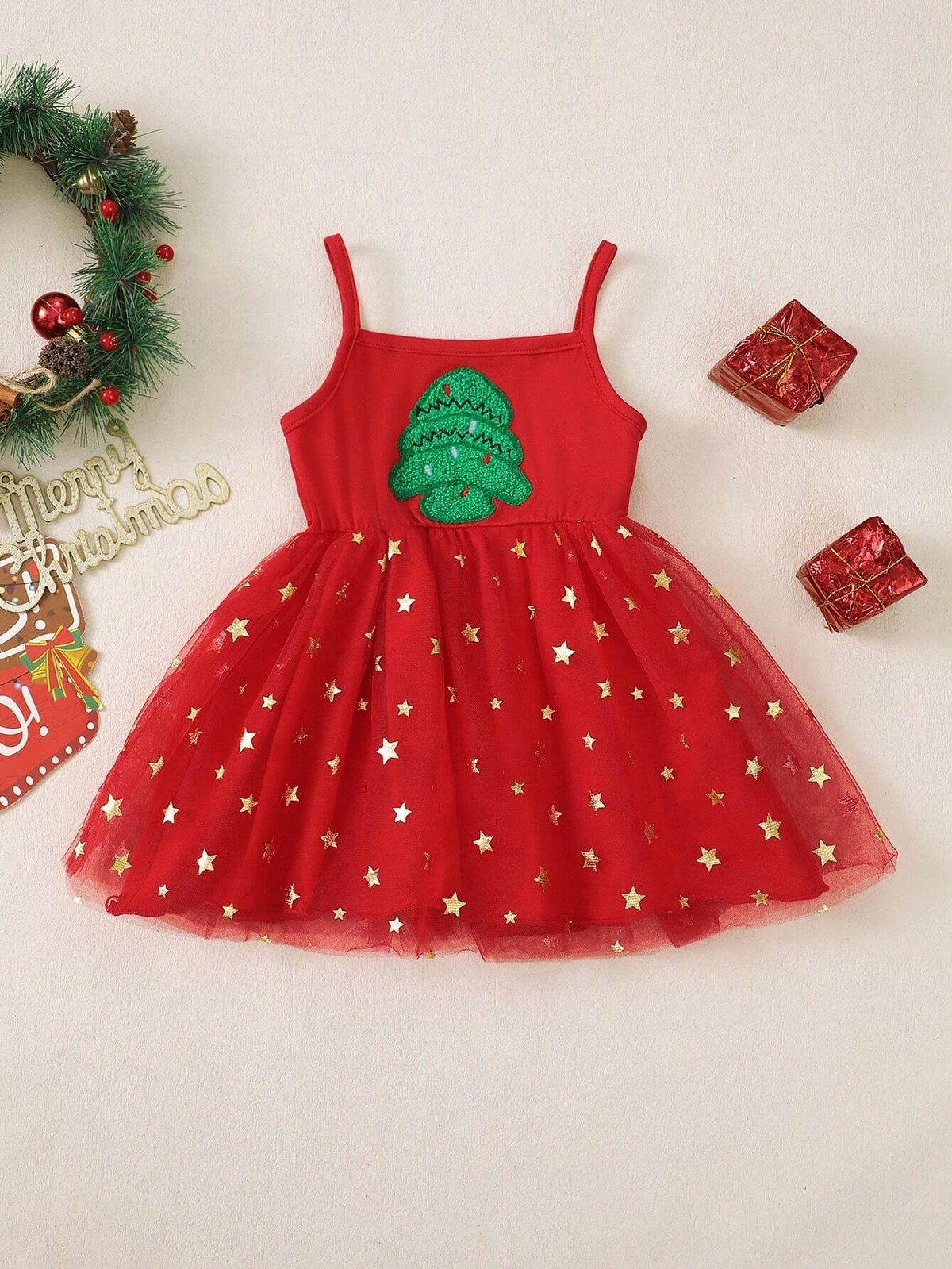 Young Girl Christmas Tree Towel Embroidered Mesh Dress With Golden Stars, Cute & Christmas Series